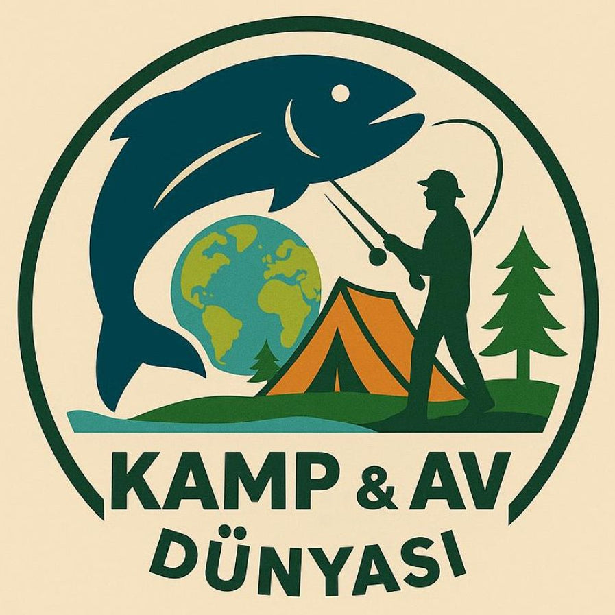 Logo with a fish,地球, and person near a tent, surrounded by trees, on a beige background.